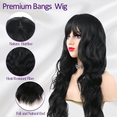 Black Wigs with Bangs for Women 26 Inch Black Wig Long Wavy Wigs With Bangs Curly Synthetic Wig Heat Resistant Synthetic Colorful Wavy Wigs Cosplay Wig in Saudi Arabia