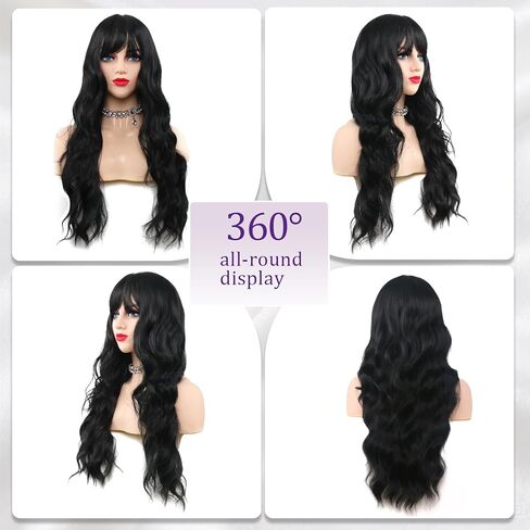 Black Wigs with Bangs for Women 26 Inch Black Wig Long Wavy Wigs With Bangs Curly Synthetic Wig Heat Resistant Synthetic Colorful Wavy Wigs Cosplay Wig in Saudi Arabia