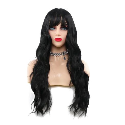 Black Wigs with Bangs for Women 26 Inch Black Wig Long Wavy Wigs With Bangs Curly Synthetic Wig Heat Resistant Synthetic Colorful Wavy Wigs Cosplay Wig in Saudi Arabia