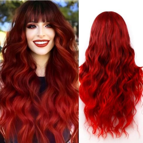 Black Wigs with Bangs for Women 26 Inch Black Wig Long Wavy Wigs With Bangs Curly Synthetic Wig Heat Resistant Synthetic Colorful Wavy Wigs Cosplay Wig in Saudi Arabia
