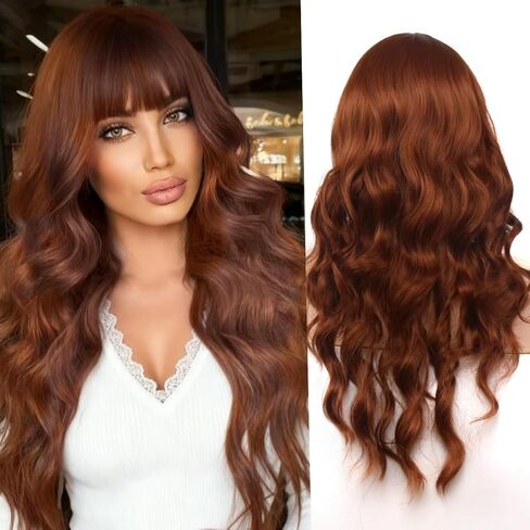 Black Wigs with Bangs for Women 26 Inch Black Wig Long Wavy Wigs With Bangs Curly Synthetic Wig Heat Resistant Synthetic Colorful Wavy Wigs Cosplay Wig in Saudi Arabia