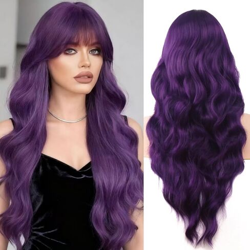 Black Wigs with Bangs for Women 26 Inch Black Wig Long Wavy Wigs With Bangs Curly Synthetic Wig Heat Resistant Synthetic Colorful Wavy Wigs Cosplay Wig in Saudi Arabia