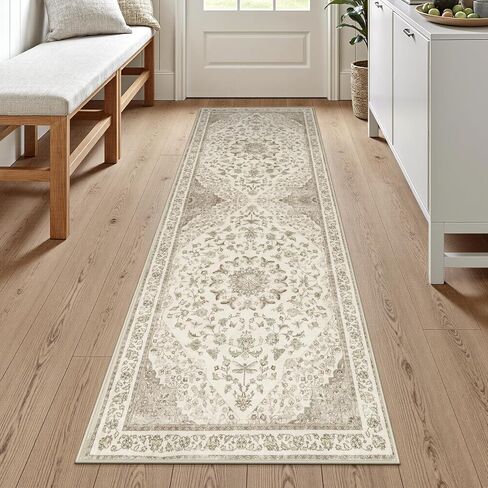 Moynesa 2x6 Beige Washable Runner Rug for Hallway, Boho Vintage Distressed Runner for Entryway Kitchen Bathroom Bedroom, Low Pile Soft Non-Slip Floor Mat for Laundry Nursery in Saudi Arabia