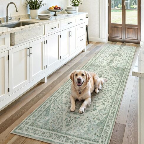 Moynesa 2x6 Beige Washable Runner Rug for Hallway, Boho Vintage Distressed Runner for Entryway Kitchen Bathroom Bedroom, Low Pile Soft Non-Slip Floor Mat for Laundry Nursery in Saudi Arabia