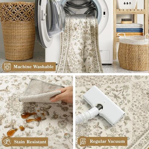 Moynesa 2x6 Beige Washable Runner Rug for Hallway, Boho Vintage Distressed Runner for Entryway Kitchen Bathroom Bedroom, Low Pile Soft Non-Slip Floor Mat for Laundry Nursery in Saudi Arabia