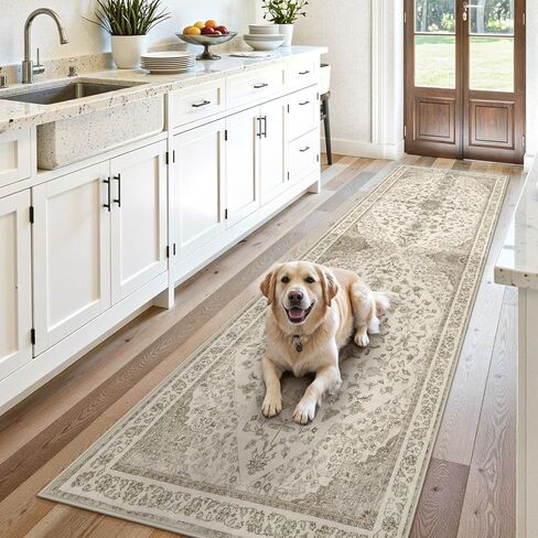 Moynesa 2x6 Beige Washable Runner Rug for Hallway, Boho Vintage Distressed Runner for Entryway Kitchen Bathroom Bedroom, Low Pile Soft Non-Slip Floor Mat for Laundry Nursery in Saudi Arabia