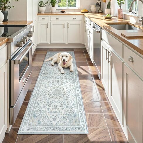Moynesa 2x6 Beige Washable Runner Rug for Hallway, Boho Vintage Distressed Runner for Entryway Kitchen Bathroom Bedroom, Low Pile Soft Non-Slip Floor Mat for Laundry Nursery in Saudi Arabia