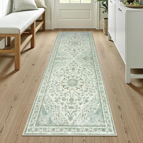 Moynesa 2x6 Beige Washable Runner Rug for Hallway, Boho Vintage Distressed Runner for Entryway Kitchen Bathroom Bedroom, Low Pile Soft Non-Slip Floor Mat for Laundry Nursery in Saudi Arabia