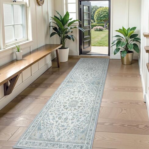 Moynesa 2x6 Beige Washable Runner Rug for Hallway, Boho Vintage Distressed Runner for Entryway Kitchen Bathroom Bedroom, Low Pile Soft Non-Slip Floor Mat for Laundry Nursery in Saudi Arabia