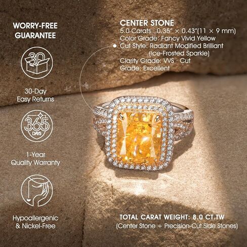 GONA 5CT خاتم الماس الأصفر قطع مشع 11 × 9 مم VVS خاتم بيان أصفر حيوي فاخر، هالة فضية مطلية بالذهب مقاومة للتشوه، هدية مجوهرات فاخرة للخطوبة أو الذكرى السنوية أو الكوكتيل أو الوعد in Kuwait