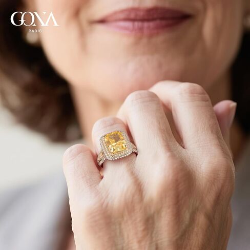 GONA 5CT خاتم الماس الأصفر قطع مشع 11 × 9 مم VVS خاتم بيان أصفر حيوي فاخر، هالة فضية مطلية بالذهب مقاومة للتشوه، هدية مجوهرات فاخرة للخطوبة أو الذكرى السنوية أو الكوكتيل أو الوعد in Kuwait