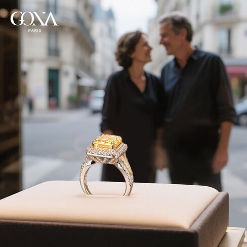 GONA 5CT خاتم الماس الأصفر قطع مشع 11 × 9 مم VVS خاتم بيان أصفر حيوي فاخر، هالة فضية مطلية بالذهب مقاومة للتشوه، هدية مجوهرات فاخرة للخطوبة أو الذكرى السنوية أو الكوكتيل أو الوعد in Kuwait