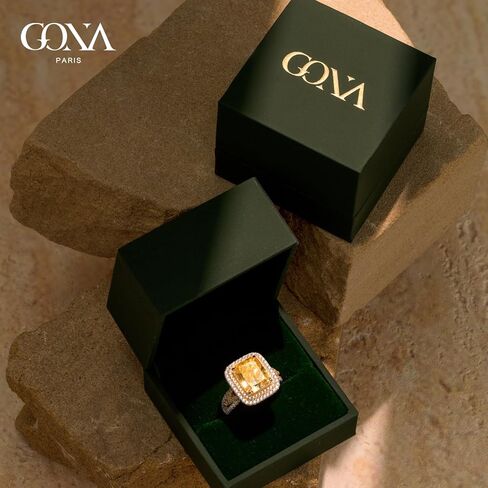GONA 5CT خاتم الماس الأصفر قطع مشع 11 × 9 مم VVS خاتم بيان أصفر حيوي فاخر، هالة فضية مطلية بالذهب مقاومة للتشوه، هدية مجوهرات فاخرة للخطوبة أو الذكرى السنوية أو الكوكتيل أو الوعد in Kuwait