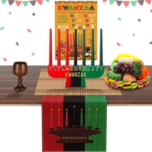 Thyle 22 قطعة Kwanzaa Kinara مجموعة 7 شموع LED ملصق طاولة من الخيزران حصيرة شمعة حامل كأس النبيذ Kente القماش الفواكه والخضروات الاصطناعية سلة الجدول عداء الديكور الأمريكي الأفريقي لكوانزا in Kuwait