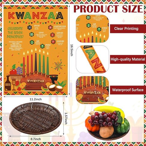 Thyle 22 قطعة Kwanzaa Kinara مجموعة 7 شموع LED ملصق طاولة من الخيزران حصيرة شمعة حامل كأس النبيذ Kente القماش الفواكه والخضروات الاصطناعية سلة الجدول عداء الديكور الأمريكي الأفريقي لكوانزا in Kuwait