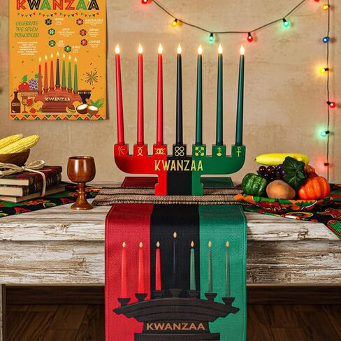 Thyle 22 قطعة Kwanzaa Kinara مجموعة 7 شموع LED ملصق طاولة من الخيزران حصيرة شمعة حامل كأس النبيذ Kente القماش الفواكه والخضروات الاصطناعية سلة الجدول عداء الديكور الأمريكي الأفريقي لكوانزا in Kuwait