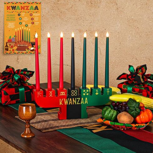 Thyle 22 قطعة Kwanzaa Kinara مجموعة 7 شموع LED ملصق طاولة من الخيزران حصيرة شمعة حامل كأس النبيذ Kente القماش الفواكه والخضروات الاصطناعية سلة الجدول عداء الديكور الأمريكي الأفريقي لكوانزا in Kuwait