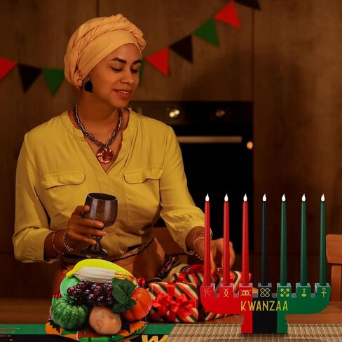 Thyle 22 قطعة Kwanzaa Kinara مجموعة 7 شموع LED ملصق طاولة من الخيزران حصيرة شمعة حامل كأس النبيذ Kente القماش الفواكه والخضروات الاصطناعية سلة الجدول عداء الديكور الأمريكي الأفريقي لكوانزا in Kuwait