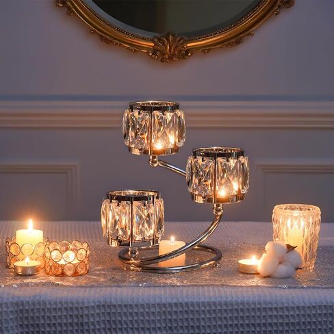 Metal 3 Arm Crystal Candle Holder - Tea Light Centerpiece Candle Holder, Votive Holder with Sparkling Crystal Bowl, Suitable for Wedding, Table Centerpiece, Home Decor (1, 3 arm-Gold) in Saudi Arabia