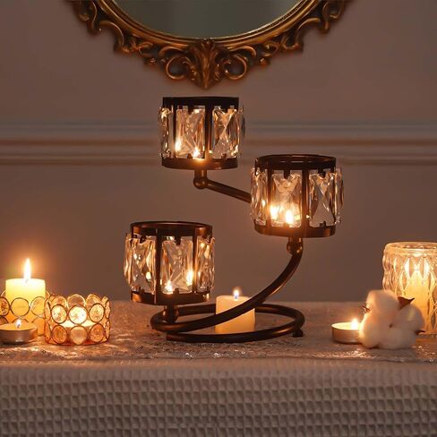 Metal 3 Arm Crystal Candle Holder - Tea Light Centerpiece Candle Holder, Votive Holder with Sparkling Crystal Bowl, Suitable for Wedding, Table Centerpiece, Home Decor (1, 3 arm-Gold) in Saudi Arabia