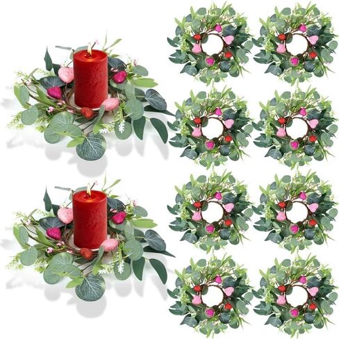6 Pcs Valentine Candle Rings Wreaths Red Pink Wooden Heart Artificial Heart Berries Valentine's Day Candle Holder Rings Mini Wreaths Decor in Saudi Arabia