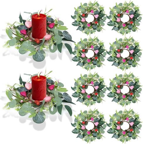 6 Pcs Valentine Candle Rings Wreaths Red Pink Wooden Heart Artificial Heart Berries Valentine's Day Candle Holder Rings Mini Wreaths Decor in Saudi Arabia