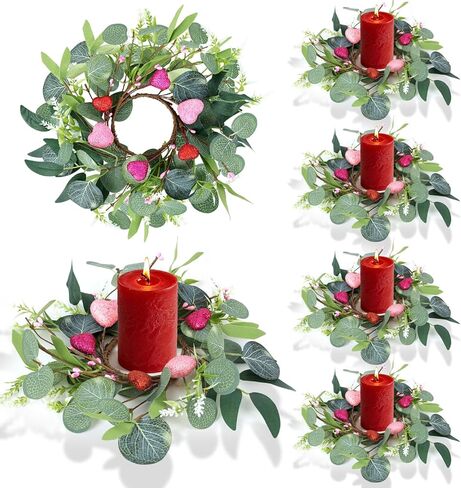 6 Pcs Valentine Candle Rings Wreaths Red Pink Wooden Heart Artificial Heart Berries Valentine's Day Candle Holder Rings Mini Wreaths Decor in Saudi Arabia