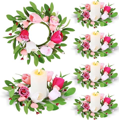 6 Pcs Valentine Candle Rings Wreaths Red Pink Wooden Heart Artificial Heart Berries Valentine's Day Candle Holder Rings Mini Wreaths Decor in Saudi Arabia
