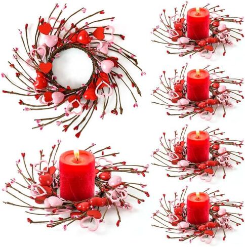 6 Pcs Valentine Candle Rings Wreaths Red Pink Wooden Heart Artificial Heart Berries Valentine's Day Candle Holder Rings Mini Wreaths Decor in Saudi Arabia