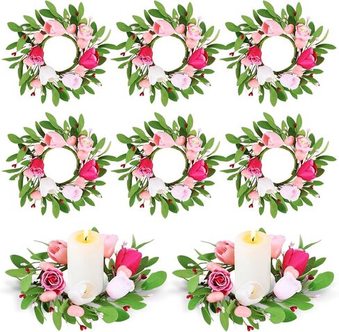 6 Pcs Valentine Candle Rings Wreaths Red Pink Wooden Heart Artificial Heart Berries Valentine's Day Candle Holder Rings Mini Wreaths Decor in Saudi Arabia