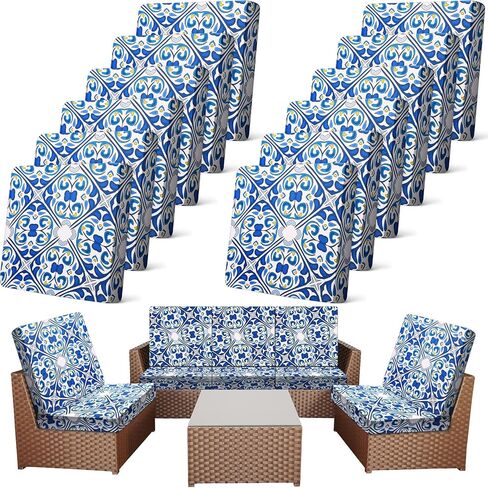 Newwiee 12 Pcs Patio Stretch Outdoor Cushion Covers Sofa Couch Covers Replacement Couch Slipcover for Sofa Seat Chair Porch Patio Furniture Protector, Flexibility and Washable(Moroccan,Navy Blue) in Saudi Arabia