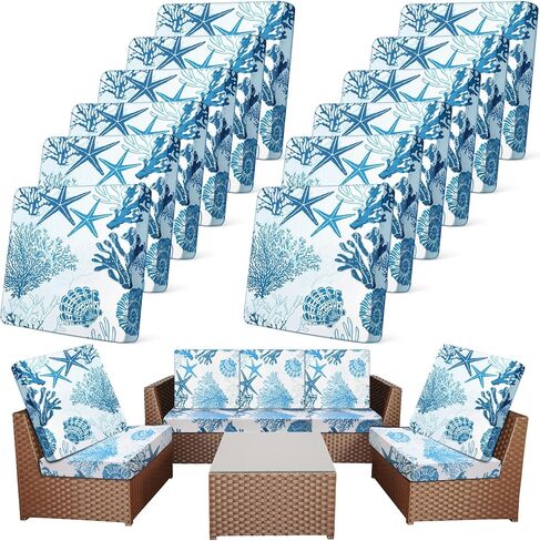 Newwiee 12 Pcs Patio Stretch Outdoor Cushion Covers Sofa Couch Covers Replacement Couch Slipcover for Sofa Seat Chair Porch Patio Furniture Protector, Flexibility and Washable(Moroccan,Navy Blue) in Saudi Arabia