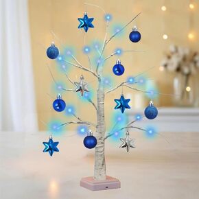 24 بوصة هانوكا LED أضواء شجرة مينورا، 24 أضواء نجمة زرقاء، USB/بطارية تعمل مضاءة منضدية شجرة البتولا الاصطناعية لديكور طاولة المنزل هانوكا in Kuwait