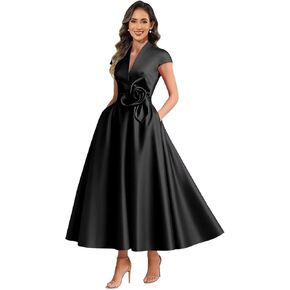 Tea Length Mother of The Bride Dresses for Women Cap Sleeve Satin 3D Flower Formal Evening Party Gowns with Pockets in Saudi Arabia