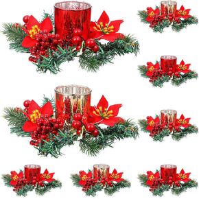 Ceenna Set of 16 Christmas Candle Rings Wreaths Pine Garland Red Berry Poinsettia and Artificial Berries Pine Garland Candle Ring Holder for Christmas Wedding Home Table Centerpiece Party in Saudi Arabia