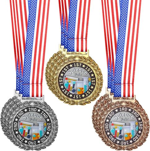 تونديامو 3 PCS Science Fair Project Medals 2.75 "Gold Silver Bronze Science 1st 2rd Place Place مع شريط الرقبة للتعليم المدرسي العلمي جائزة الأكاديمية جائزة هدية in Kuwait