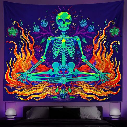 هيكل عظمي Blacklight نسيج تفاعلي للأشعة فوق البنفسجية - يتوهج في الظلام الجدار الجمالي للتعليق لديكور غرفة النوم المنزلية - رائع لتزيين المنزل المخدر 51 × 59 بوصة in Saudi Arabia