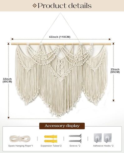 Tempospark Large Macrame Wall Hanging, 43" Wx32 L Boho Wall Hangings for Living Room Bedroom Nursery, Boho Chic Large Macrame Tapestry Hanging for Above Bed Wall Decor (Tassel) in Saudi Arabia