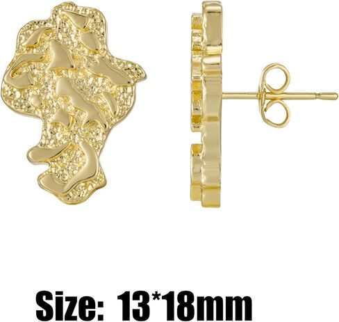 14K Gold Plated Rough Textured Nugget Earrings For Men, Unisex Nugget Stud, Hip Hop Africa Map Stud Earrings in Saudi Arabia