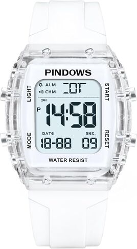 ساعة PINDOWS الرياضية الرقمية للنساء، حافظة شفافة شفافة، إضاءة LED ساطعة، مقاومة للماء 5ATM، ساعة توقيت منبه مزدوج الوقت، ساعة أنيقة للنساء والمراهقات النشيطات in Saudi Arabia
