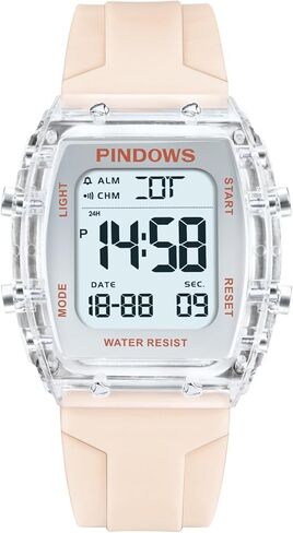 ساعة PINDOWS الرياضية الرقمية للنساء، حافظة شفافة شفافة، إضاءة LED ساطعة، مقاومة للماء 5ATM، ساعة توقيت منبه مزدوج الوقت، ساعة أنيقة للنساء والمراهقات النشيطات in Saudi Arabia