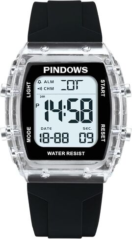 ساعة PINDOWS الرياضية الرقمية للنساء، حافظة شفافة شفافة، إضاءة LED ساطعة، مقاومة للماء 5ATM، ساعة توقيت منبه مزدوج الوقت، ساعة أنيقة للنساء والمراهقات النشيطات in Saudi Arabia