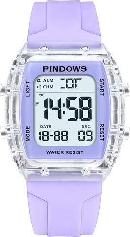 ساعة PINDOWS الرياضية الرقمية للنساء، حافظة شفافة شفافة، إضاءة LED ساطعة، مقاومة للماء 5ATM، ساعة توقيت منبه مزدوج الوقت، ساعة أنيقة للنساء والمراهقات النشيطات in Saudi Arabia
