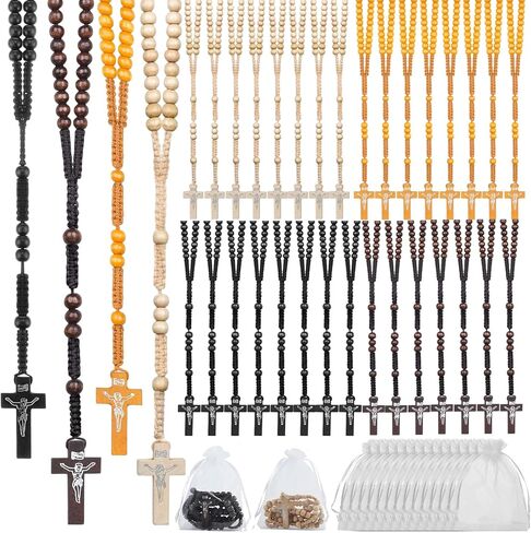 48 قطعة من خرز المسبحة الخشبية، مسبحة كاثوليكية خشبية مصنوعة يدويًا مع حقائب صليب وأورجانزا، هدايا المناولة الأولى والمعمودية، هدايا دينية للرجال والنساء in Kuwait