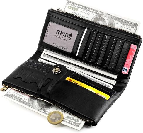 Women's RFID Blocking Genuine Leather Wallet Slim Clutch Purse with Zip Pocket and Card Organizer Red (3513-Black) in Saudi Arabia