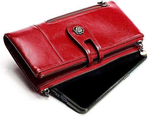 Women's RFID Blocking Genuine Leather Wallet Slim Clutch Purse with Zip Pocket and Card Organizer Red (3513-Black) in Saudi Arabia