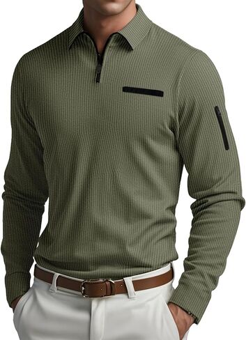 Men's Long Sleeve Polo Shirts Casual Stylish Slim Fit Golf Quarter Zip Up Pullover Waffle Shirt for Men Tops with Pocket Black M in Saudi Arabia