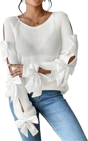 SISKIN Women's Pullover Knitted Bow Crew Neck Trendy Long Sleeve Knit Sweaters Cozy Cute Trendy Sweater Fall and Winter in Saudi Arabia