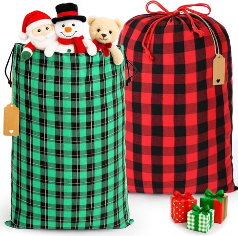 Shintop Fabric Christmas Gift Bags Drawstring, 9pcs Reusable Xmas Sacks Assorted Sized Buffalo Plaid Cloth pouches with Gift Tags Holiday Wrapping for Xmas Party Presents(Red, Green) in Kuwait