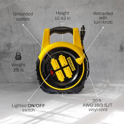 Stanley 33959 ShopMax Power Hub 20-Feet 4-Outlet Cord Reel , Yellow in Kuwait